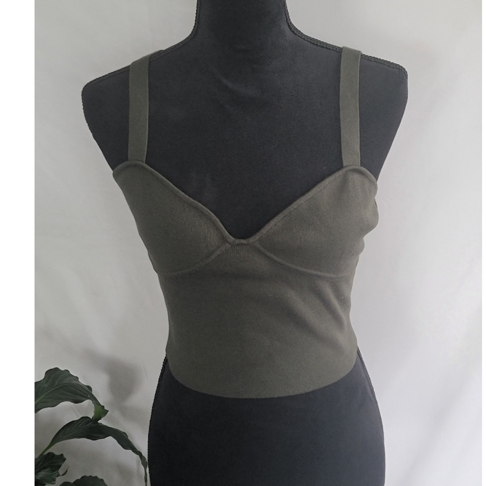Olive‎ Green Ribbed Knit Bustier Crop Top Sweetheart Neckline Sleeveless Tank